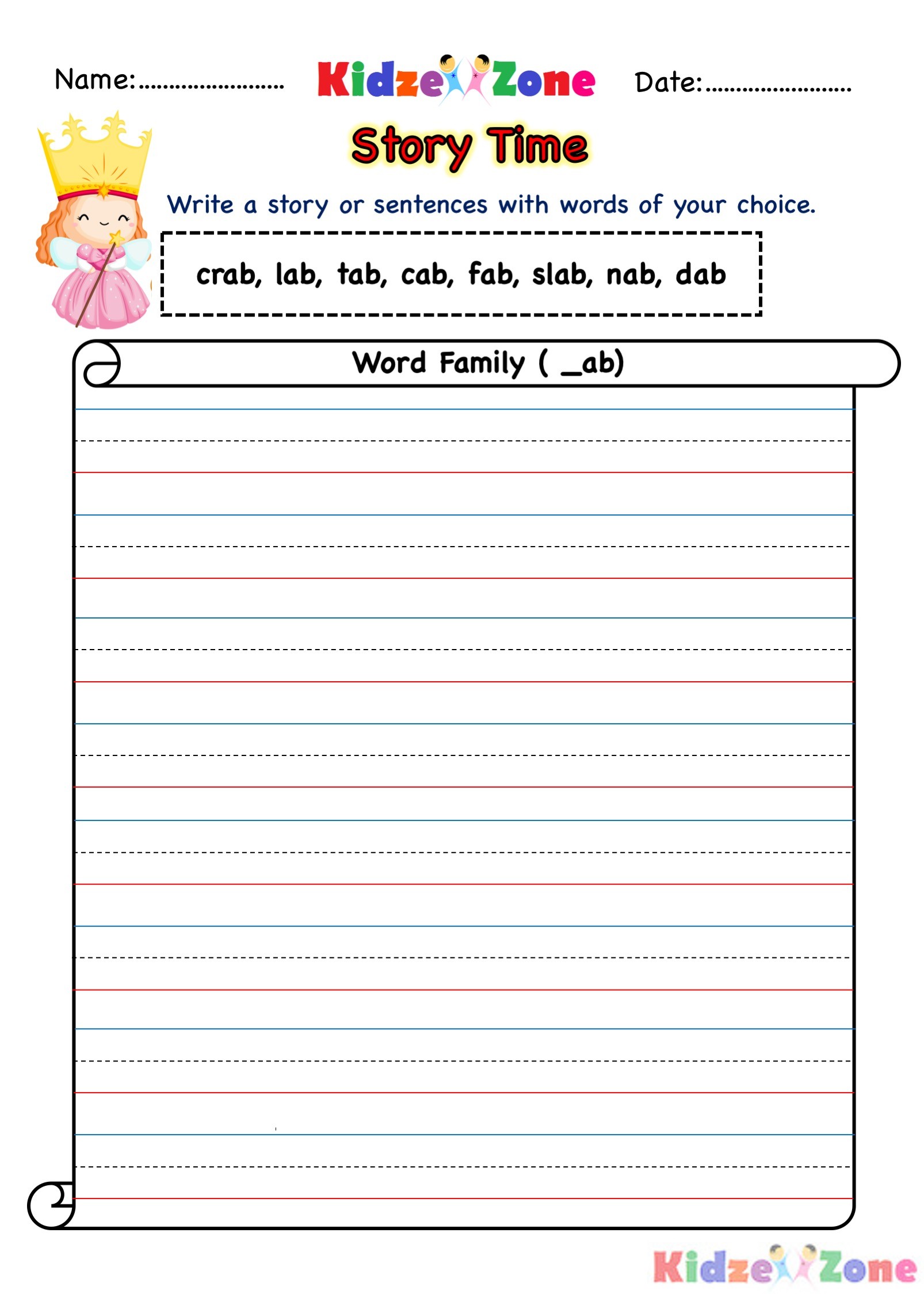 ab word family story writing worksheet kidzezone