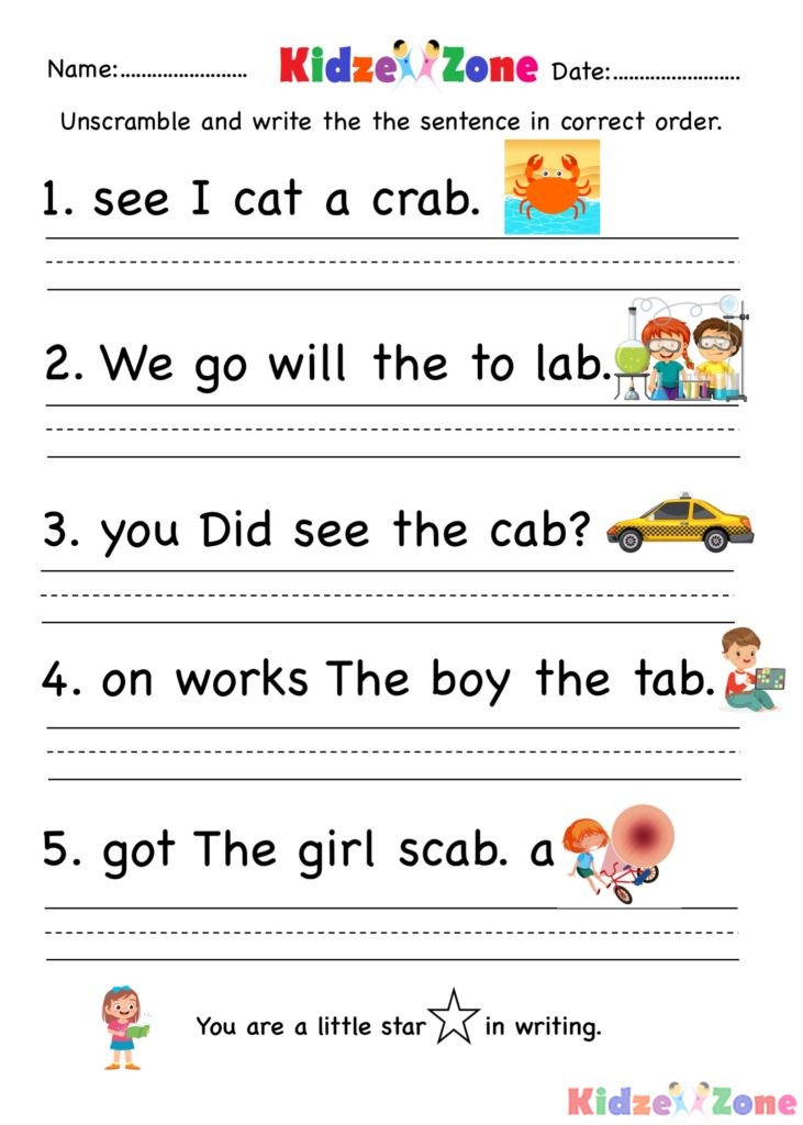 Kindergarten ab word family Unscramble Sentences - KidzeZone