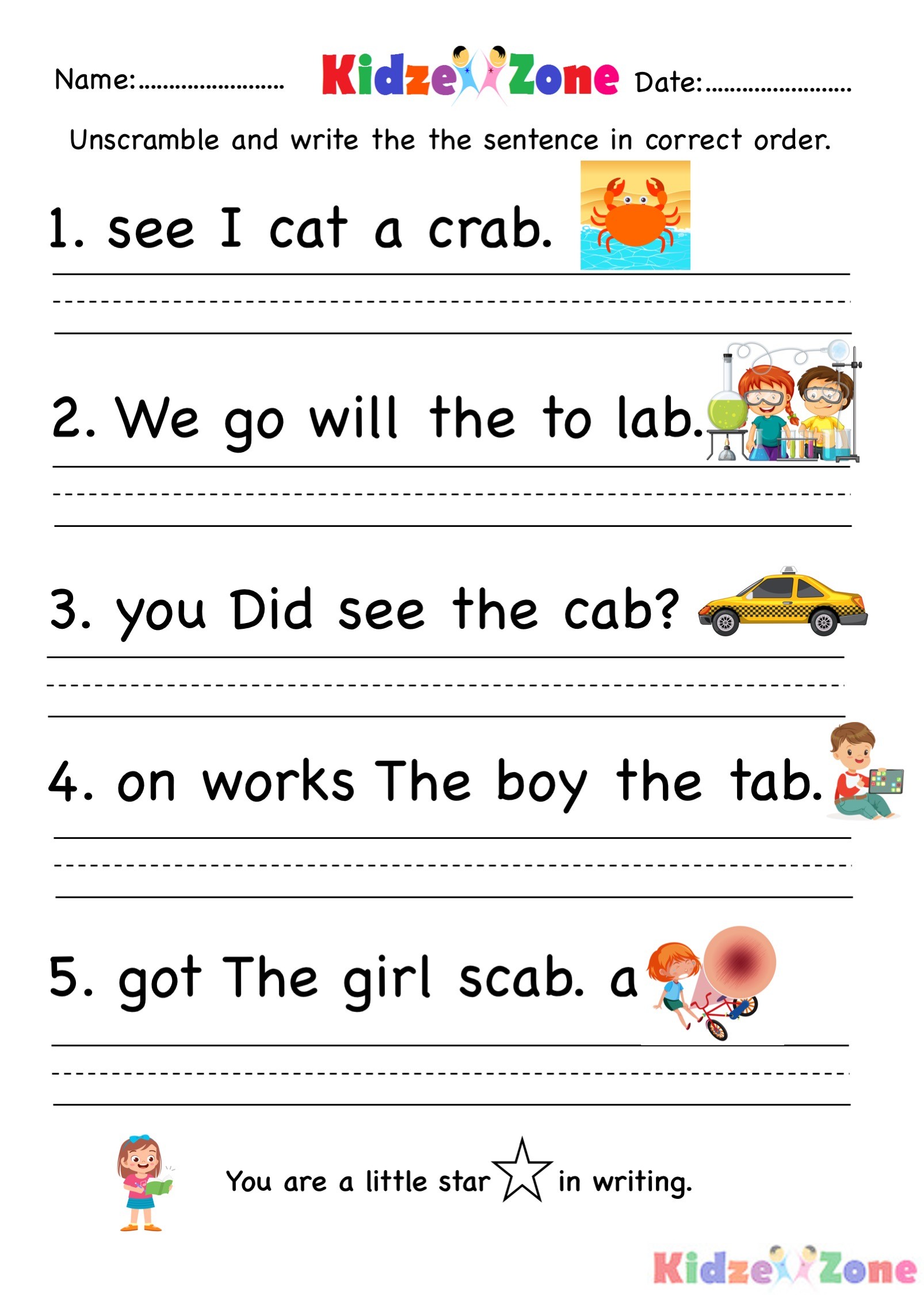 Unscramble Sentences Worksheet For Kindergarten