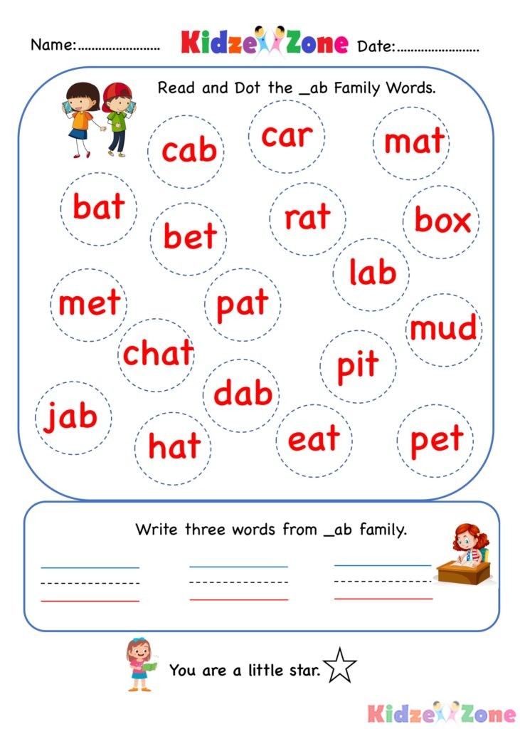 ab word family - Find and Circle Kindergarten activity worksheet