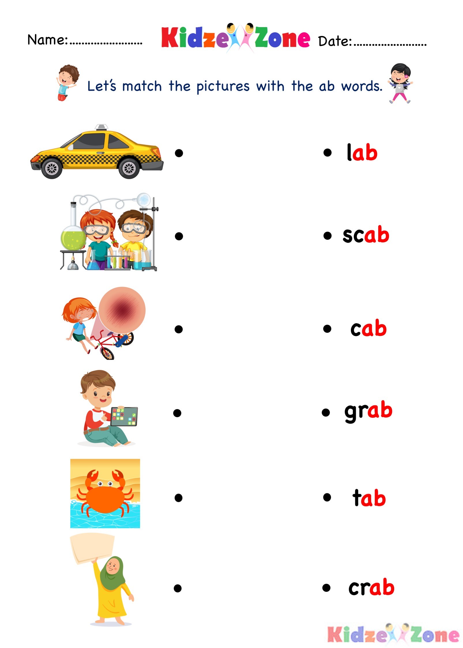 ab word family - Find and match Kindergarten activity worksheet