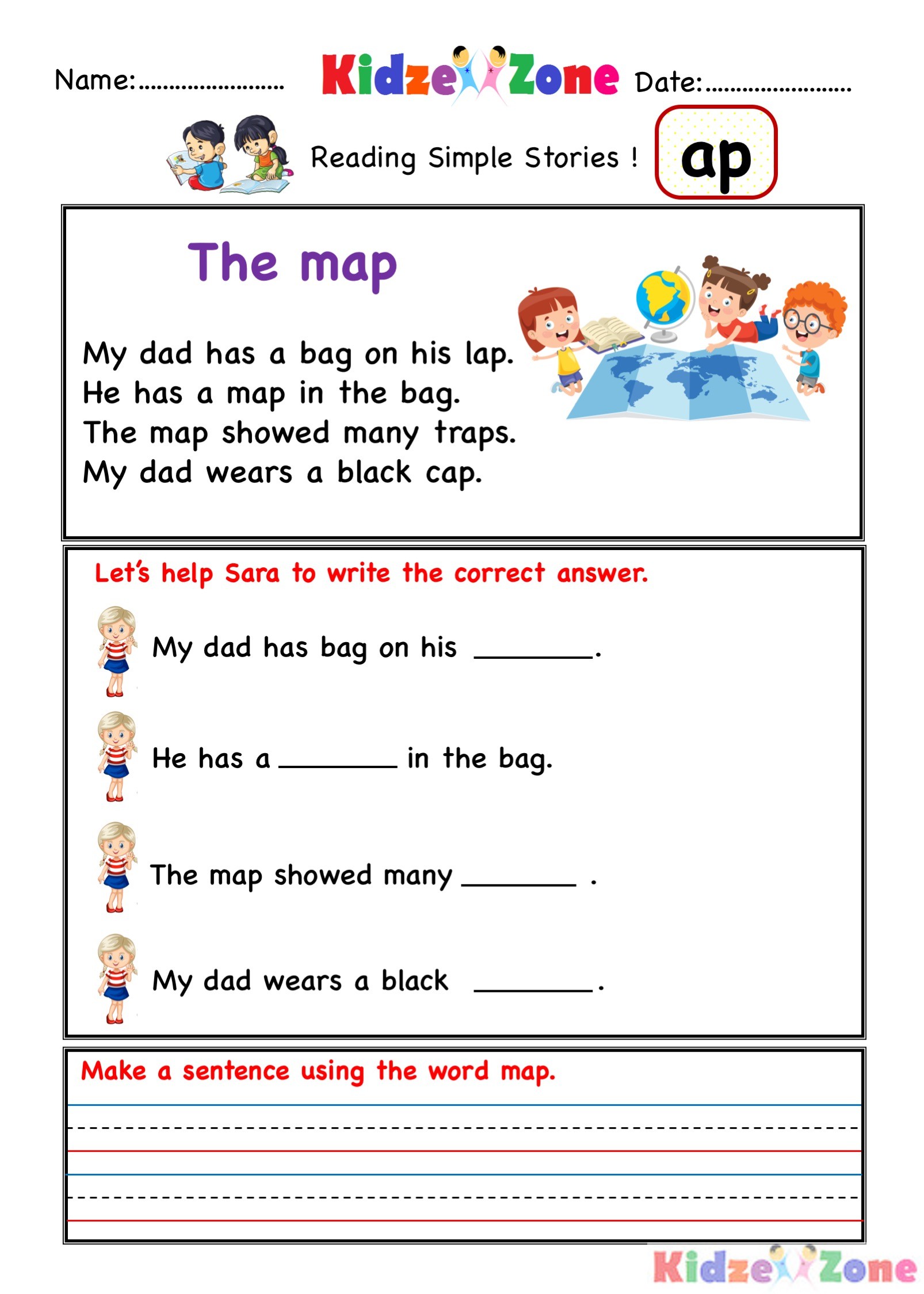 Kindergarten worksheets ap word family reading Comprehension 2