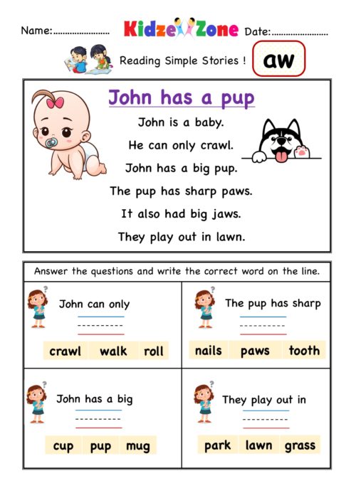 aw word family Reading Comprehension Worksheet - KidzeZone