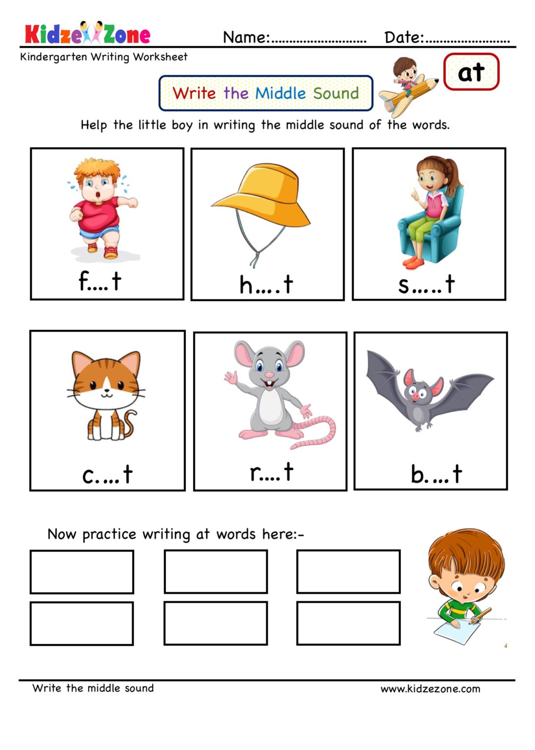 At Word Family Writing Middle Sound Worksheet - Kidzezone