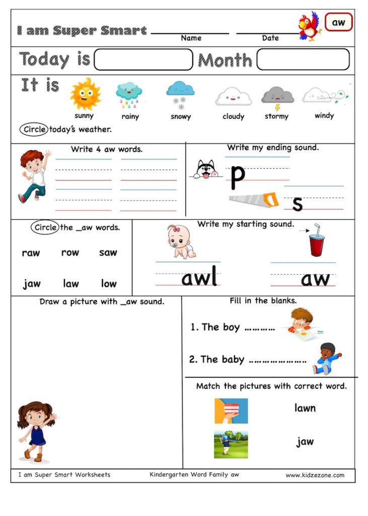 Kindergarten worksheets - aw word family - Super Sheet - KidzeZone
