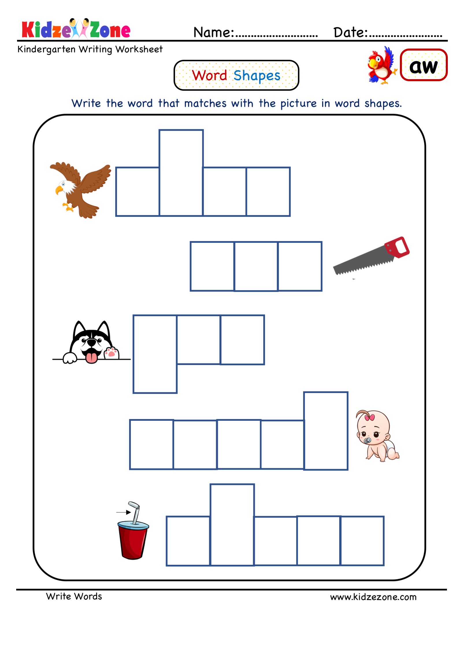Kindergarten aw words Picture Card Worksheet - KidzeZone
