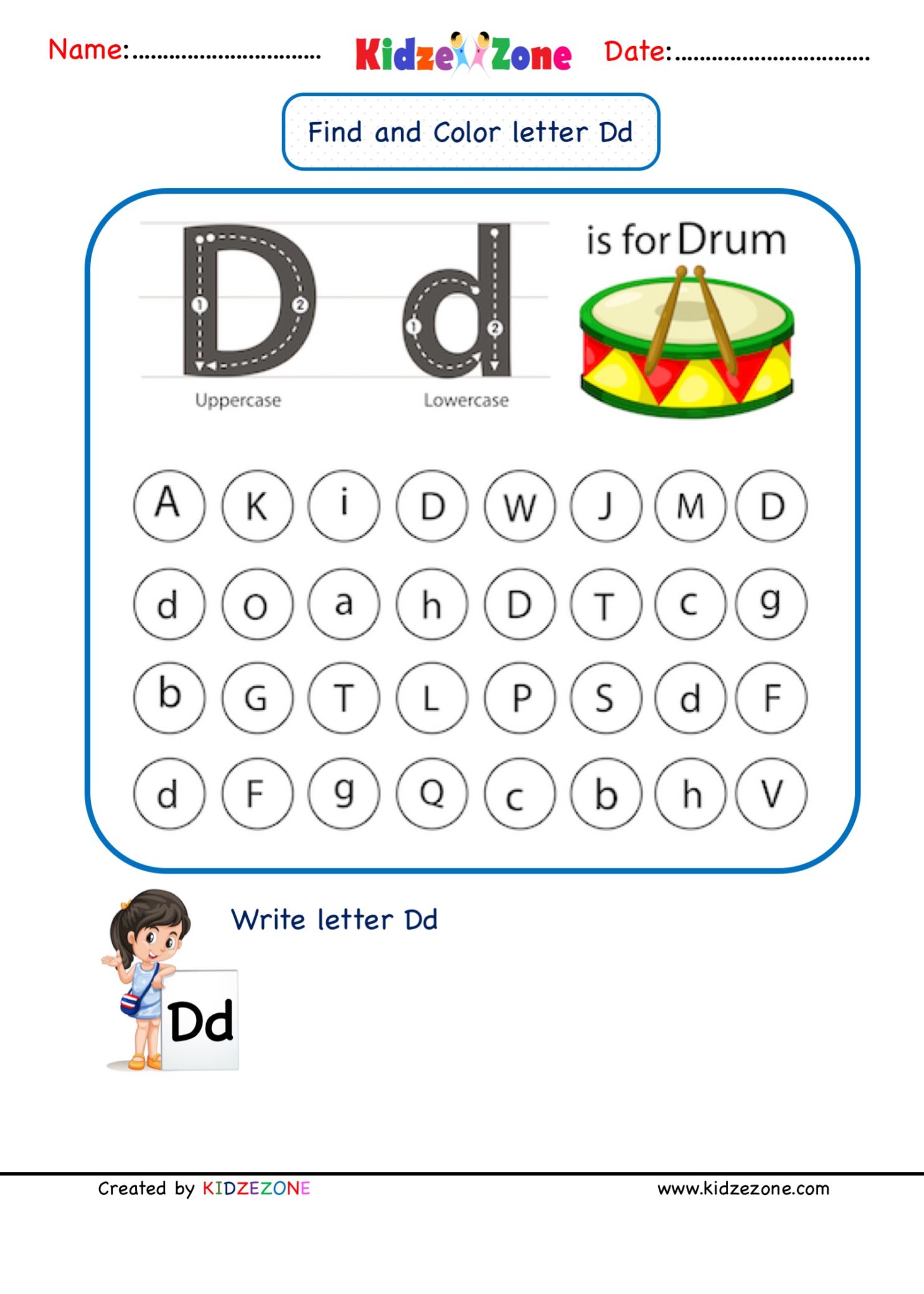 Kindergarten Letter D Find and Color worksheet - KidzeZone