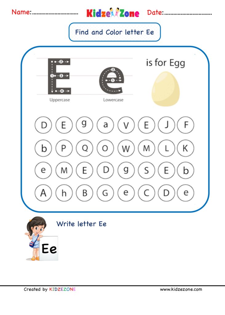 Kindergarten Letter E Find And Color Worksheet KidzeZone