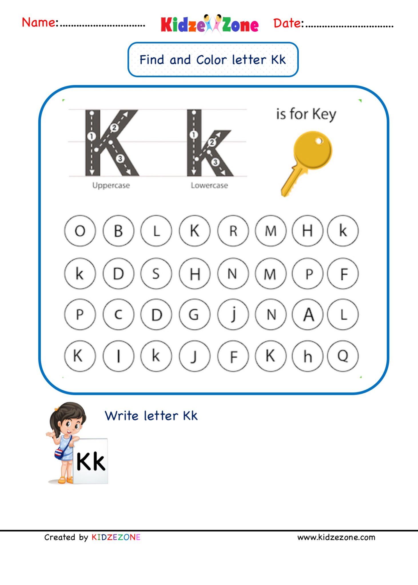 Kindergarten Letter K worksheets - Find and Color - KidzeZone