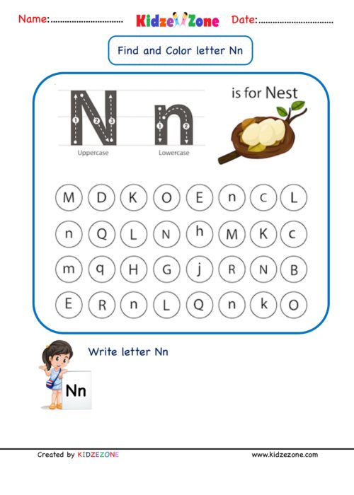 Kindergarten Letter N worksheets - Find and Color