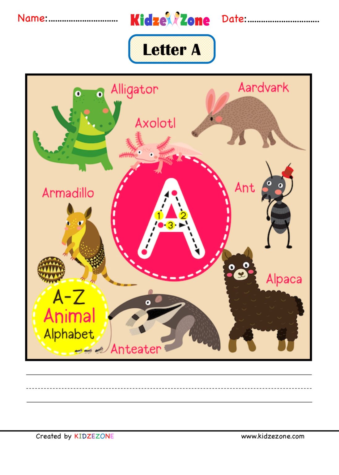 Kindergarten Letter A Animal Picture Cards Worksheet