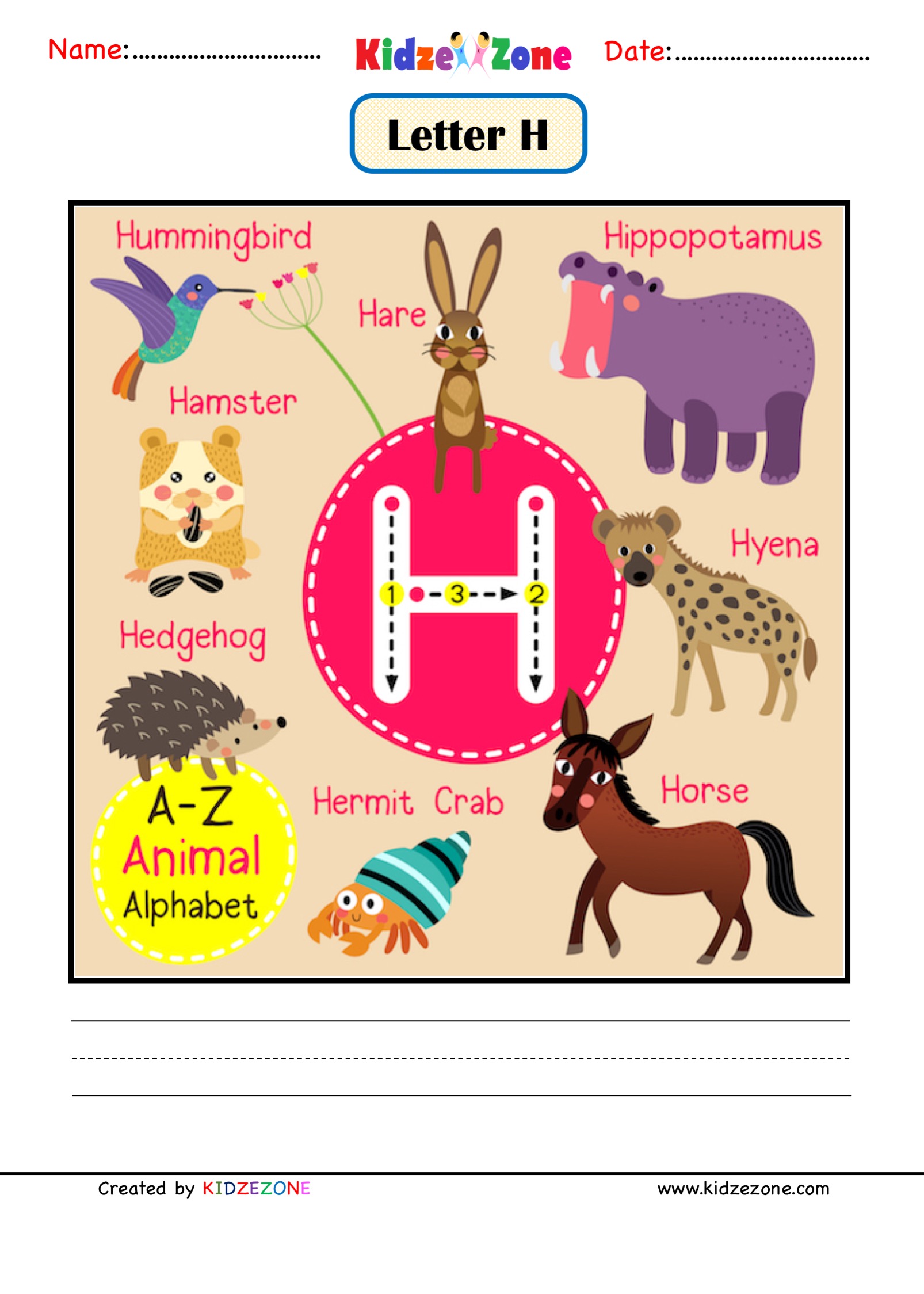 kindergarten letter h animal picture cards worksheet