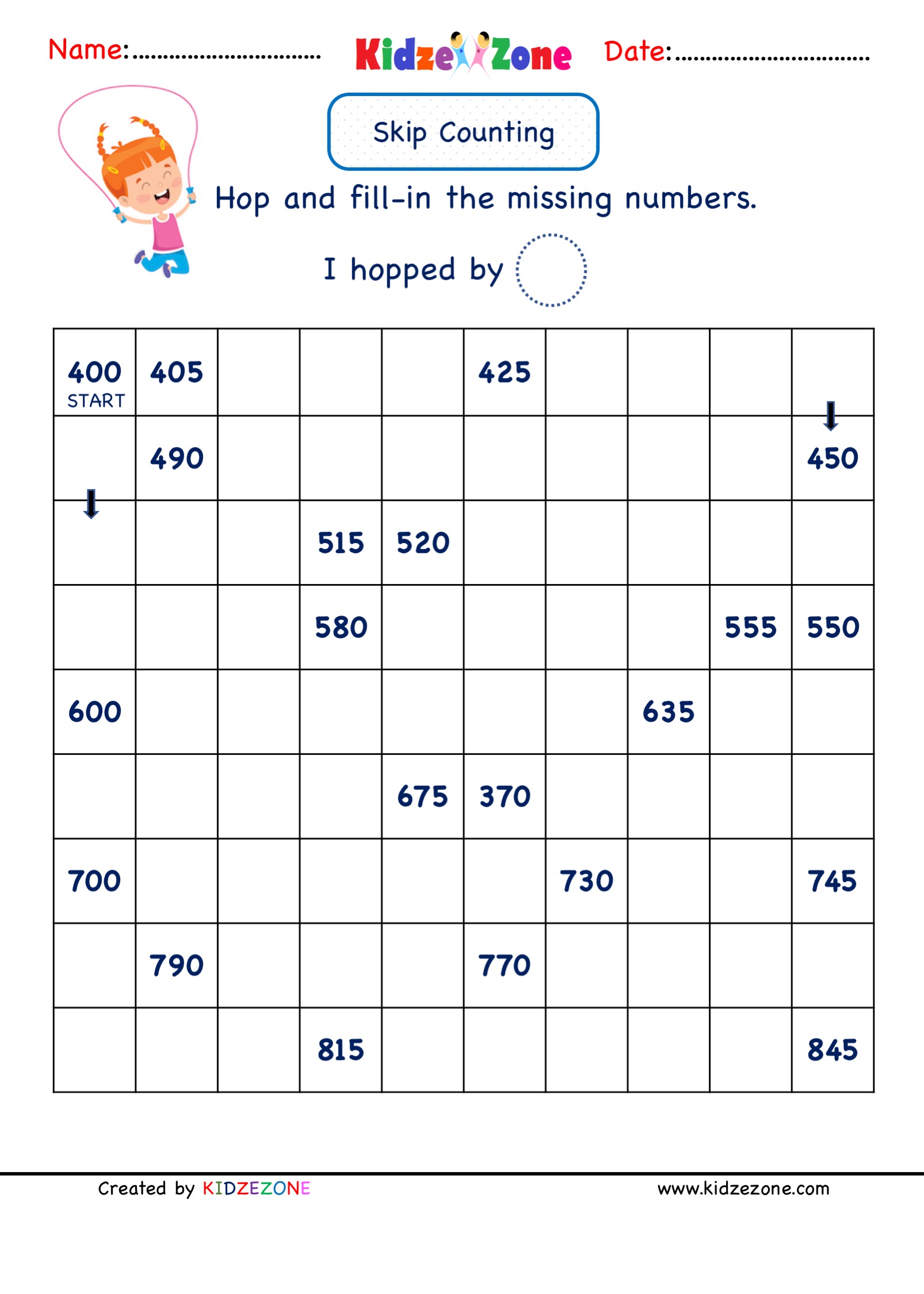 grade 2 math numbers skip counting by 5 400 to 845