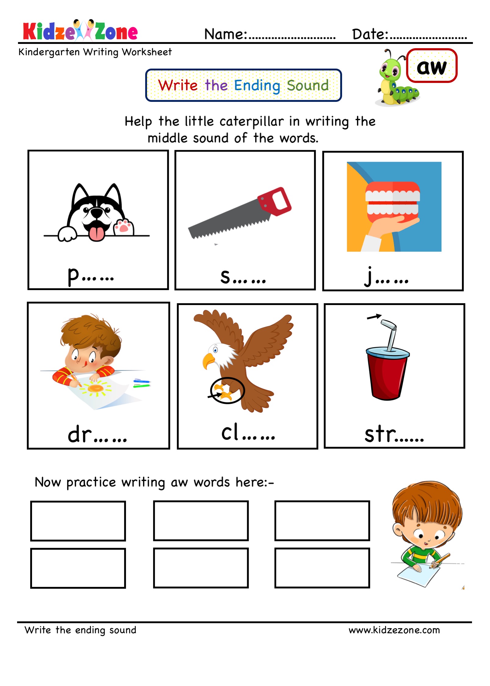 Aw Word Family Ending Sound Kindergarten Worksheet