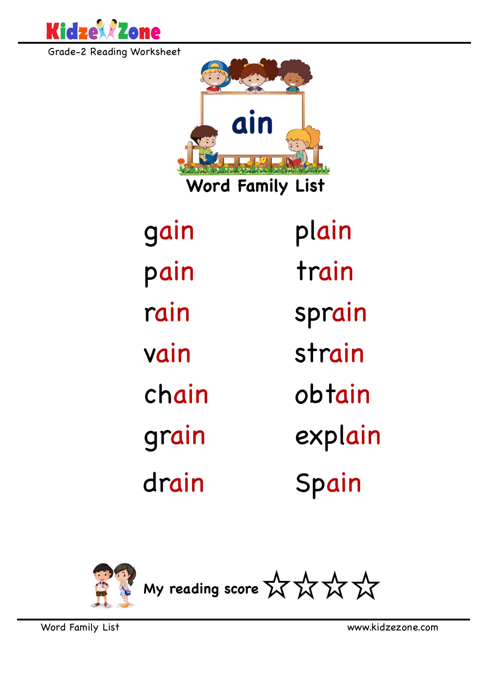 Explore And Learn Words From ain Word Family With Word List Worksheet