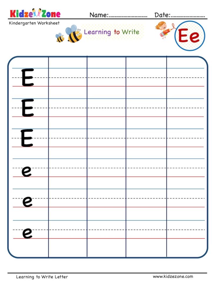 kindergarten letter e writing worksheet kidzezone