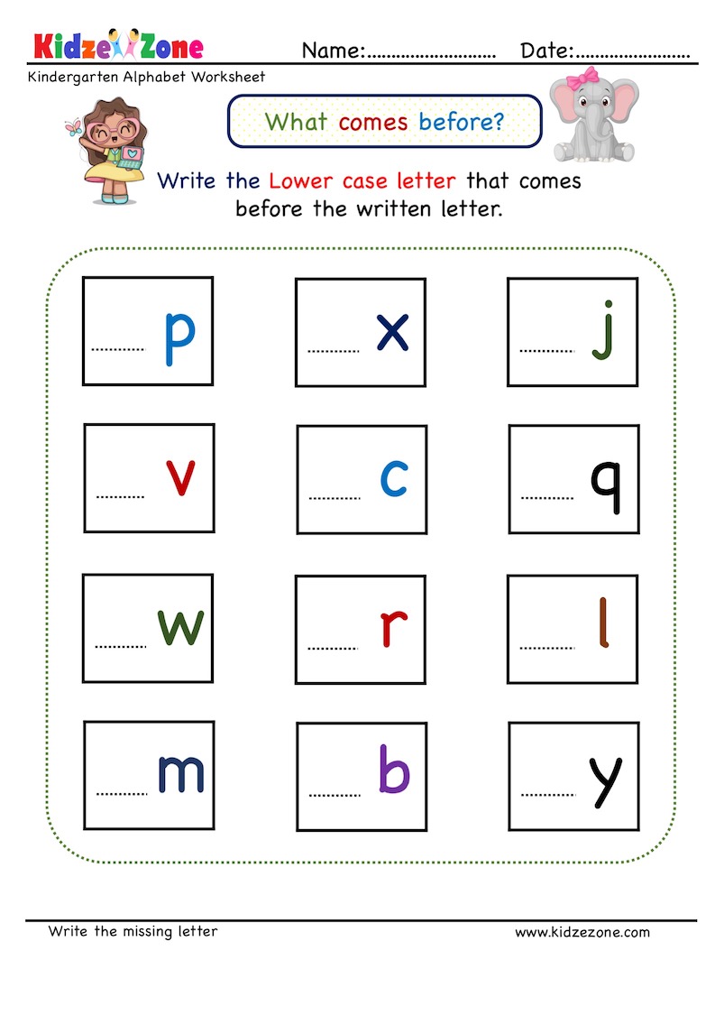 kindergarten missing letter worksheet what comes before