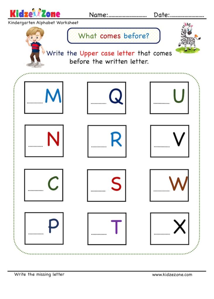 Kindergarten Missing Letter Worksheet - What Comes Before