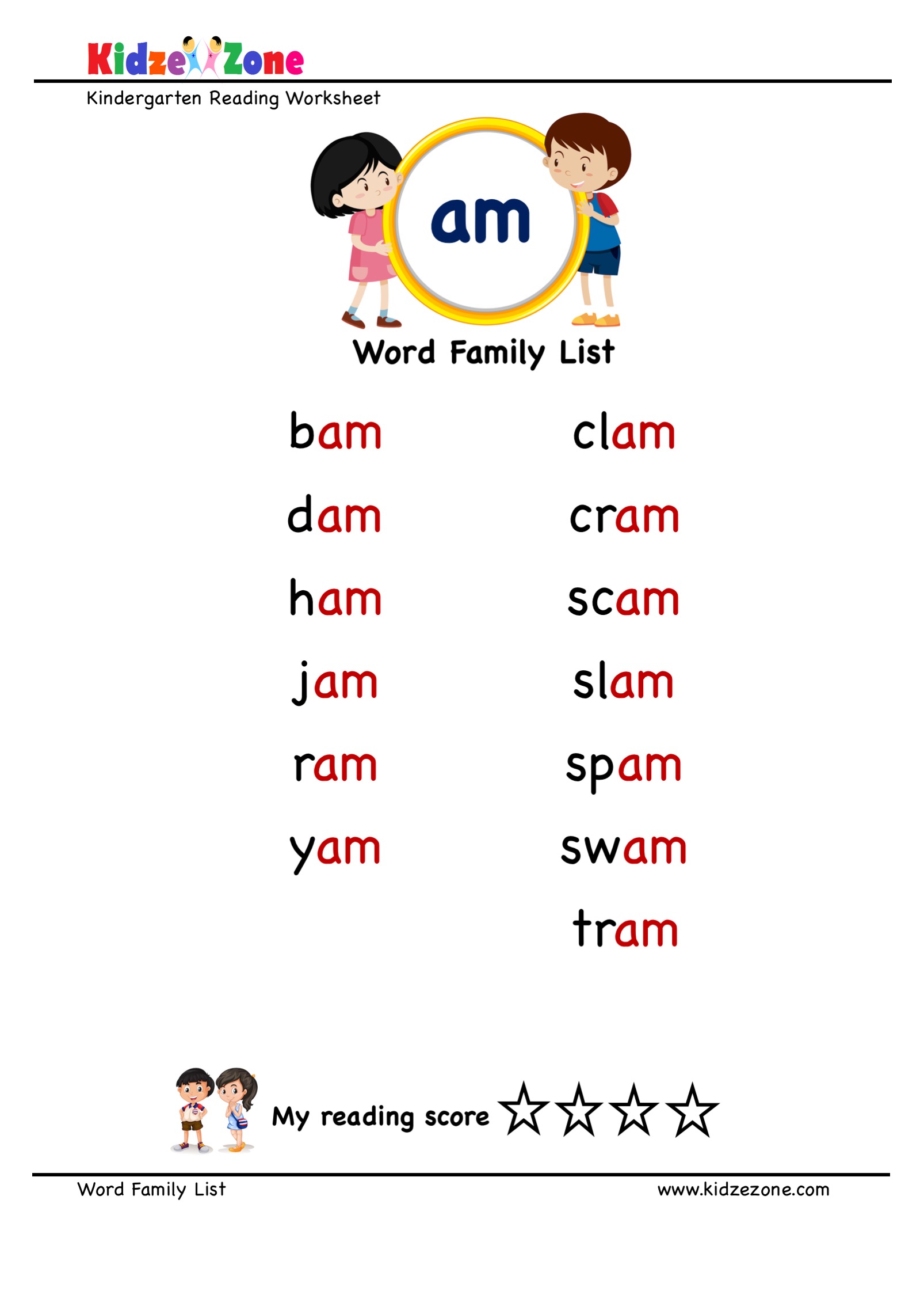 Explore and learn words from "am" word family with word list worksheet