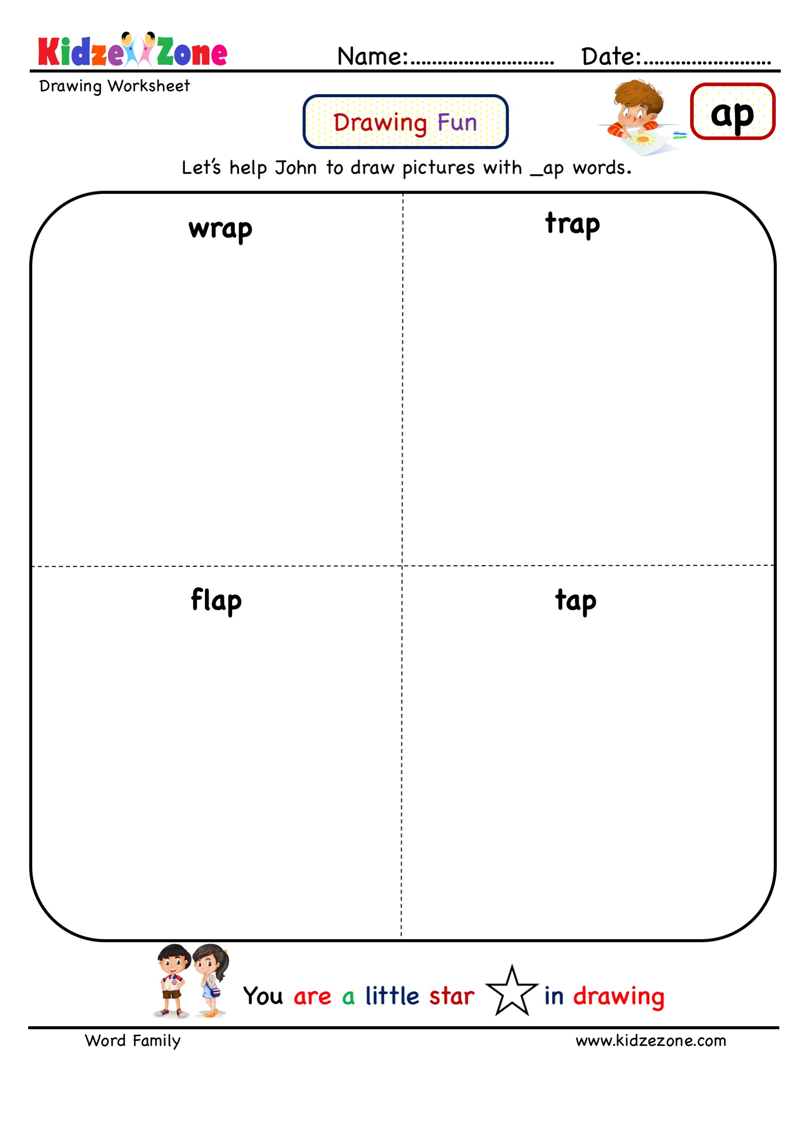 kindergarten ap word family draw worksheets with ap ending word sound