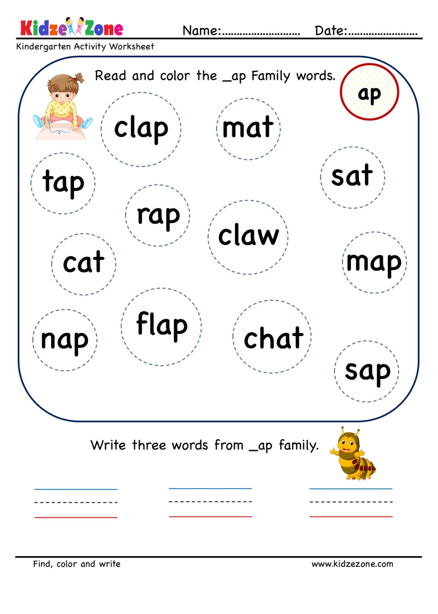 ap word family find and circle kindergarten activity worksheet