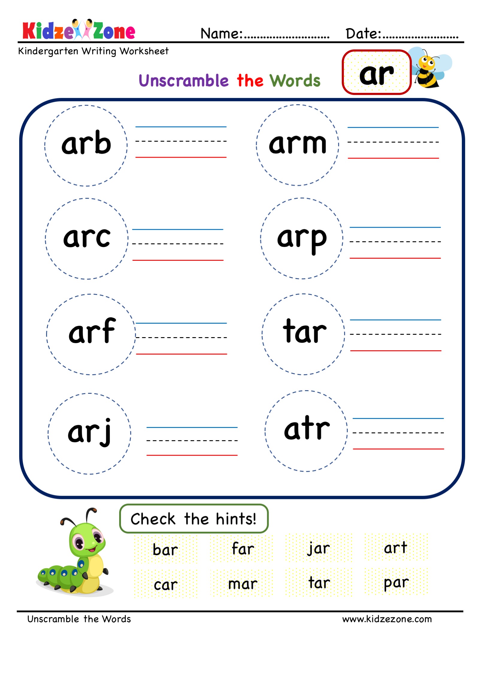 kindergarten ar word family unscramble worksheets