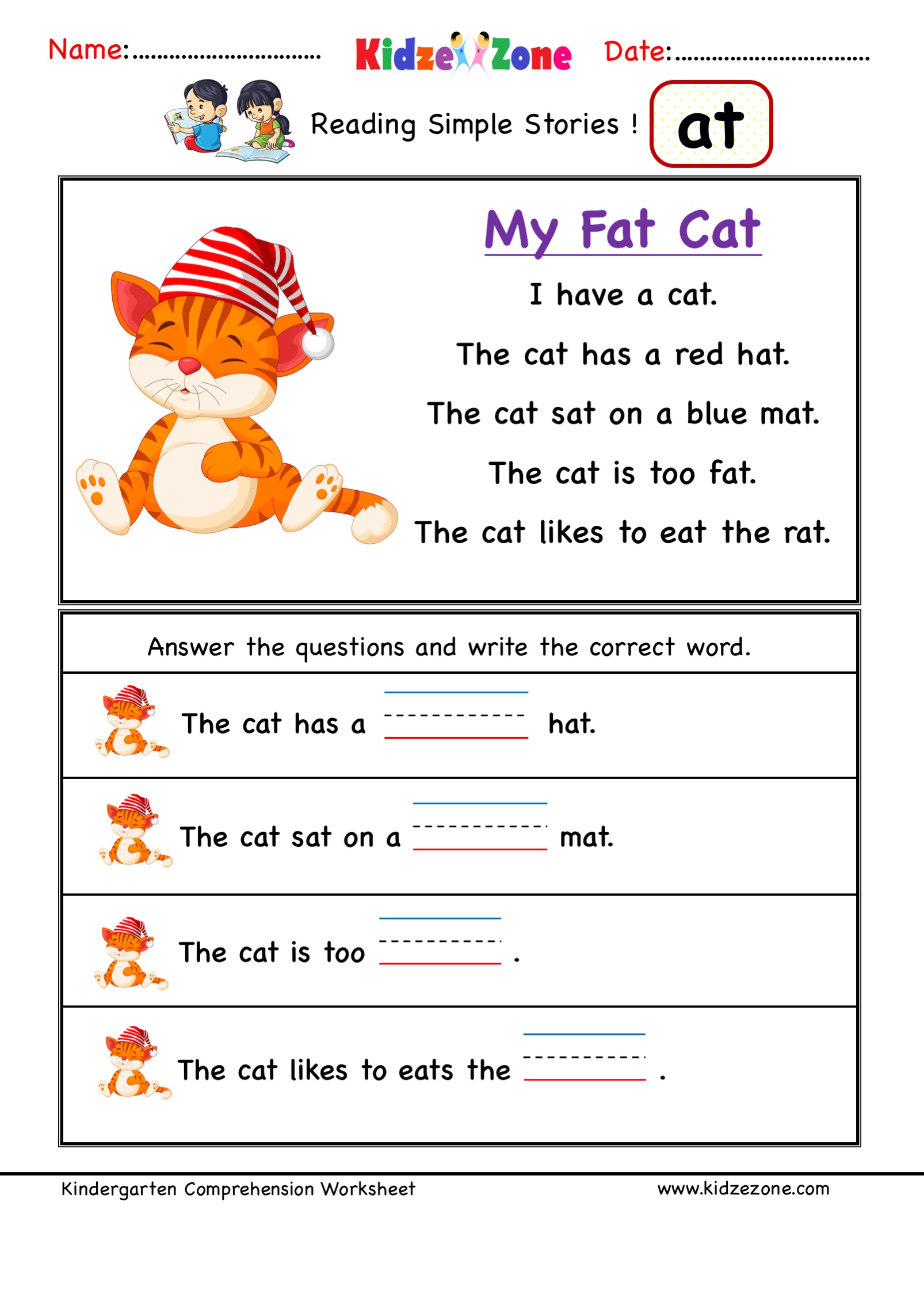 Kindergarten worksheets - at word family - reading Comprehension 3