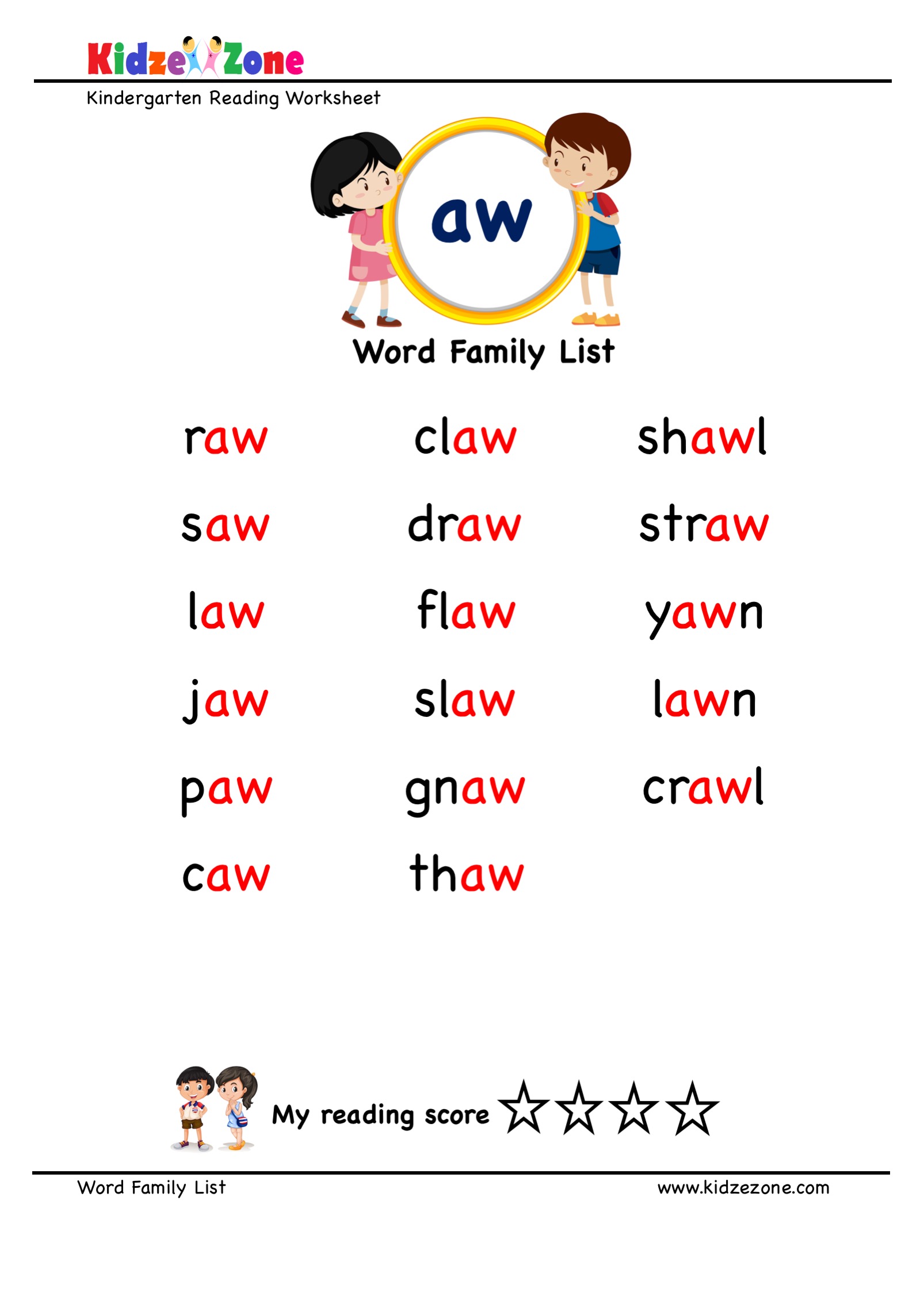 Explore And Learn Words From aw Word Family With Word List Worksheet