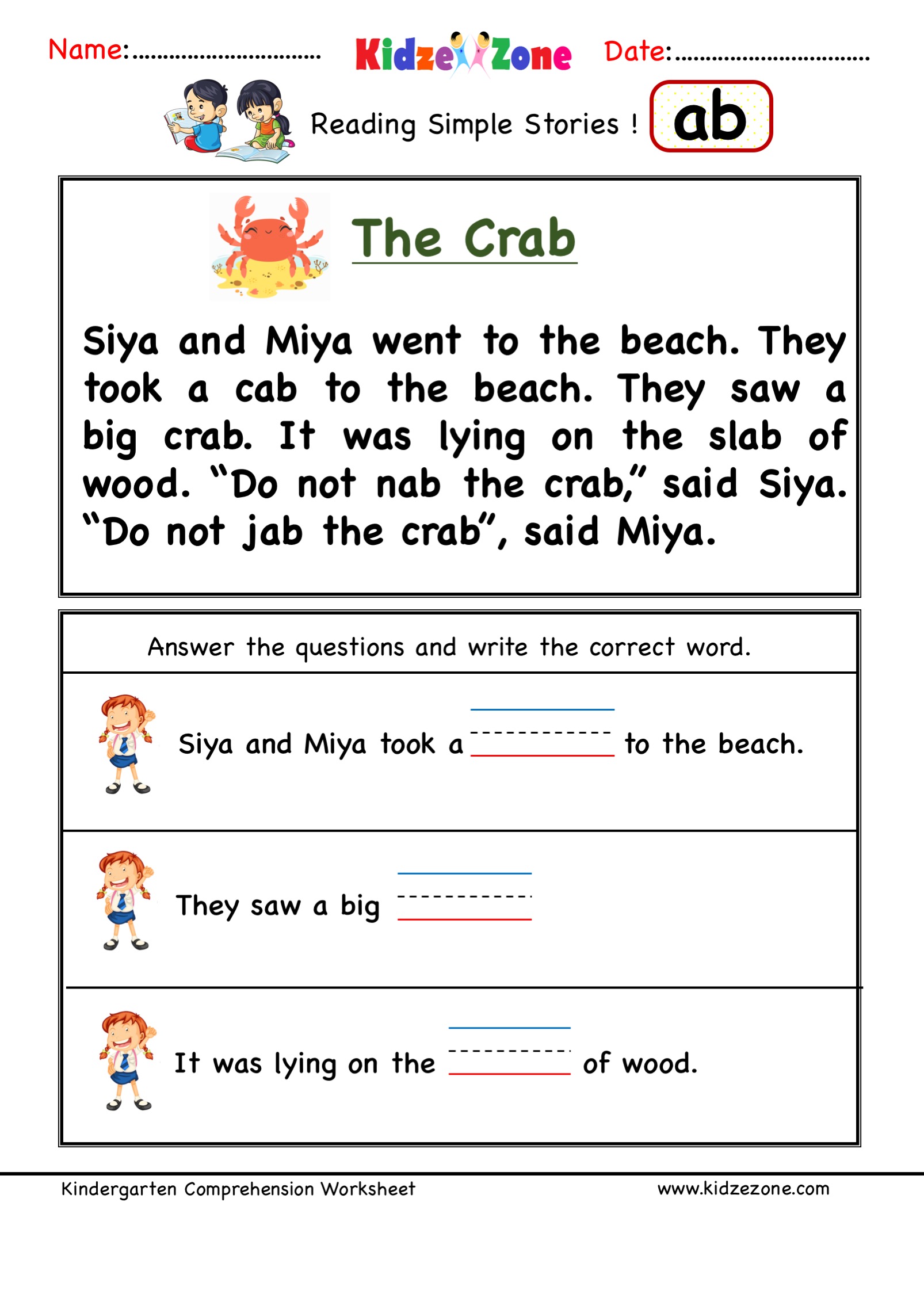 Kindergarten Worksheets Ab Word Family Comprehension 3