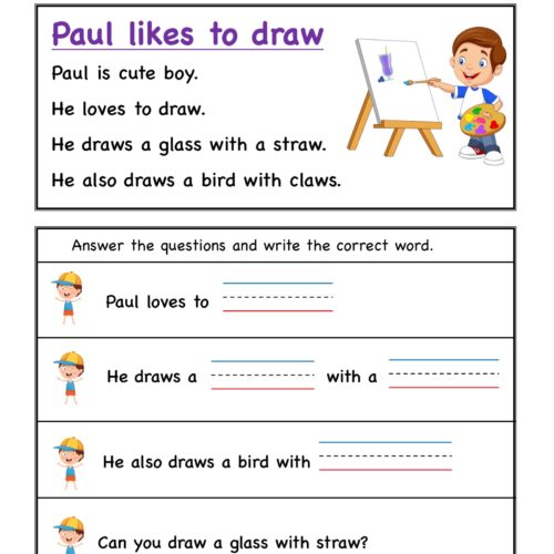 Kindergarten worksheets - aw word family reading Comprehension