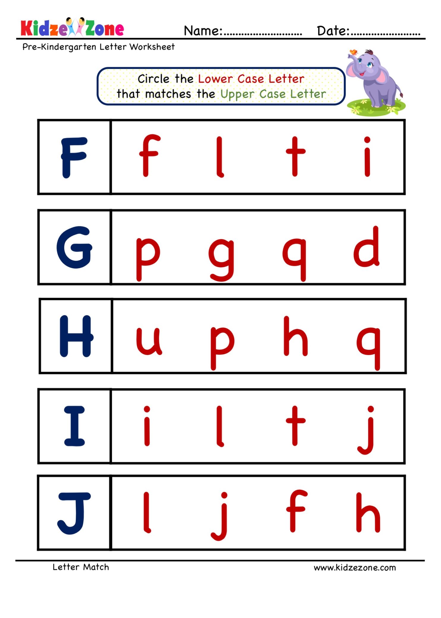 PreK Letter Matching Exercise Upper Case to Lower Case