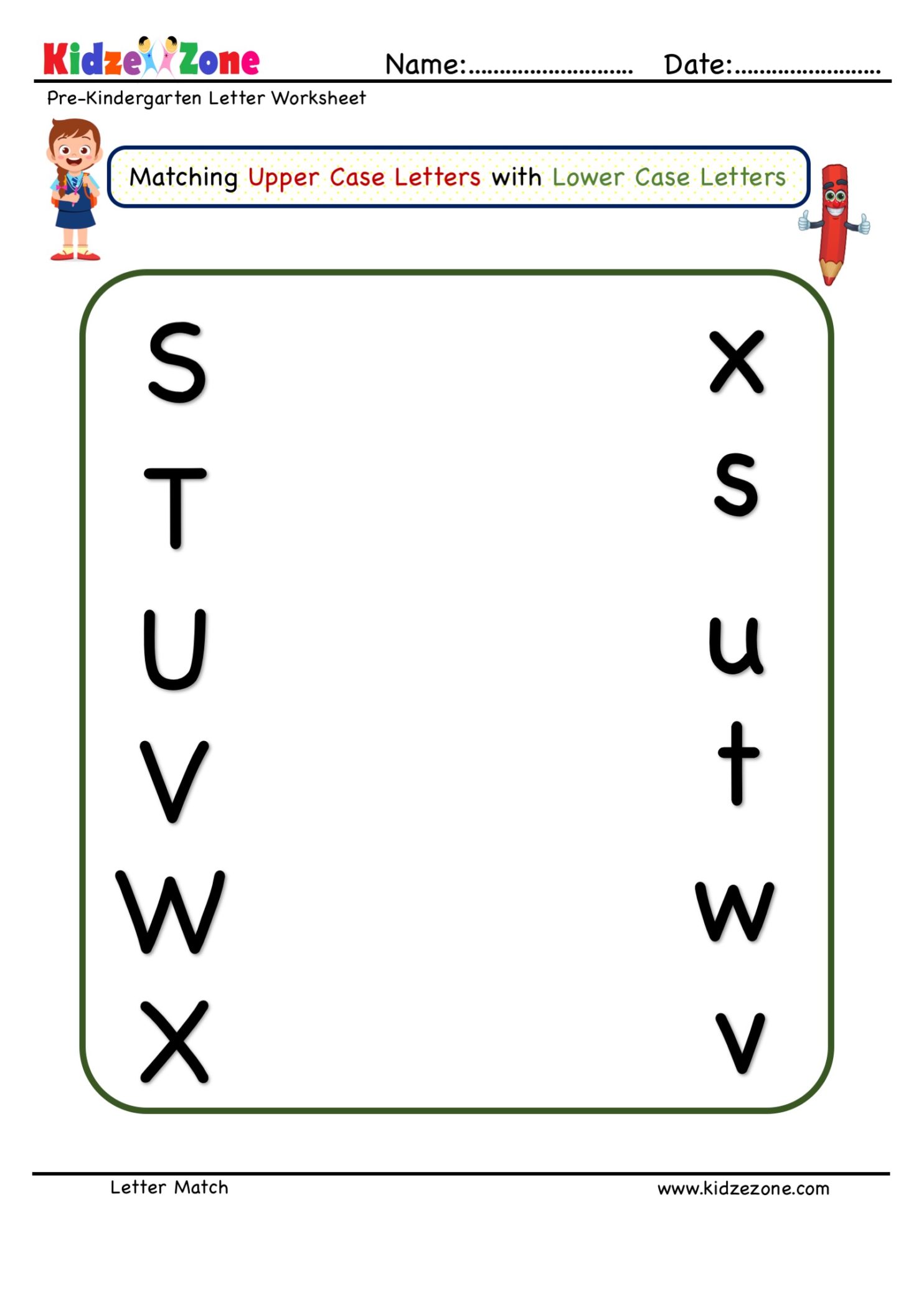 Preschool Letter Matching Worksheet Upper Case To Lower Case S TO X