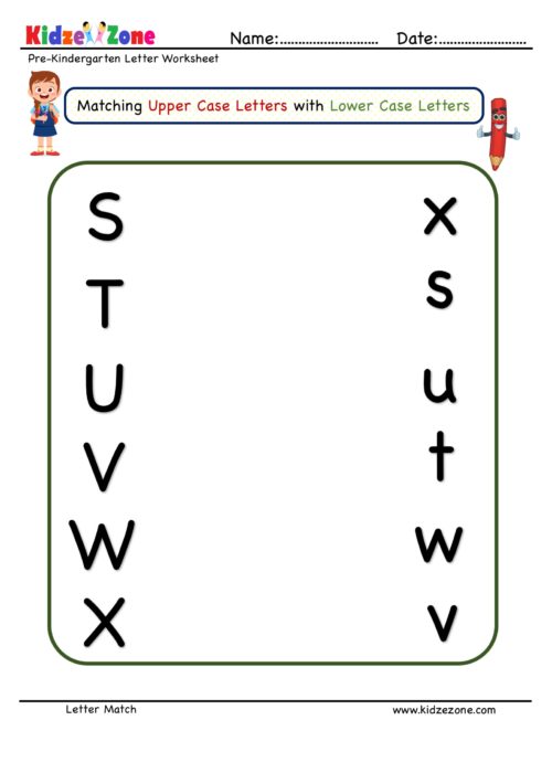 Preschool Letter Matching Worksheet Upper Case to Lower Case S TO X