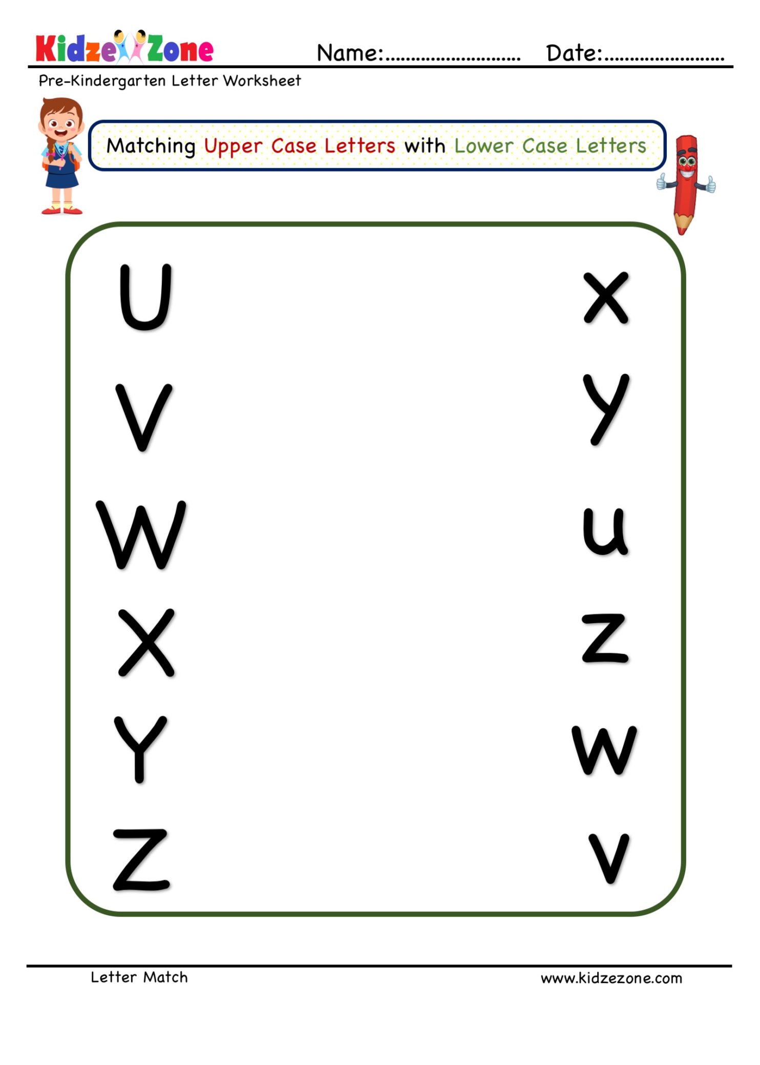 Preschool Letter Matching Upper Case To Lower Case U TO Z