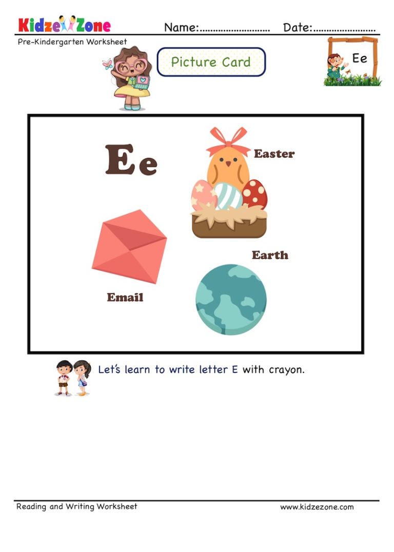 Picture Cards Letter E Worksheet  Recognize letter by linking to words