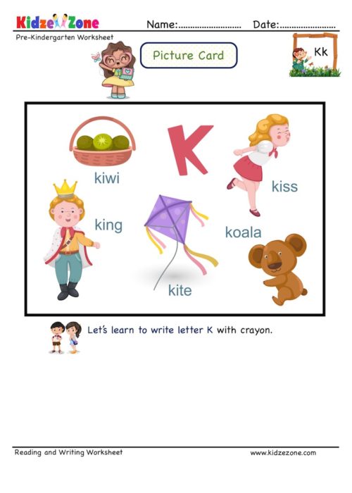 Letter K Picture Card Worksheet - Recognize letter by linking to words