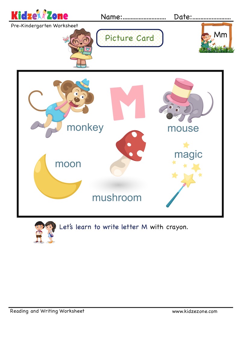 letter m picture card worksheet linking to words