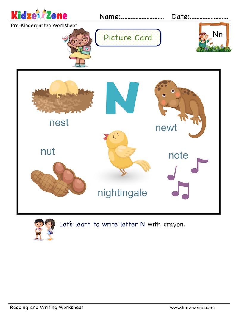 Letter N Picture Card Recognize Letter By Linking To Words