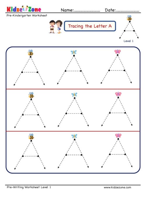 Preschool Letter Tracing Worksheet Letter A, Level 1 KidzeZone