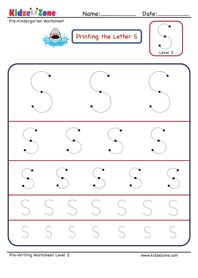 Preschool Letter Tracing Worksheet - Letter S Different sizes - KidzeZone
