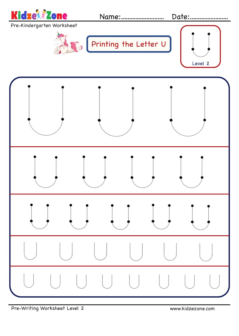 Preschool Letter Tracing Worksheet Letter U Different Sizes KidzeZone