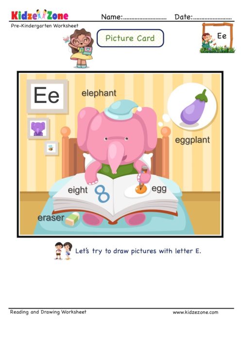 Picture Cards Letter E - Learning to read using initial sound of letter