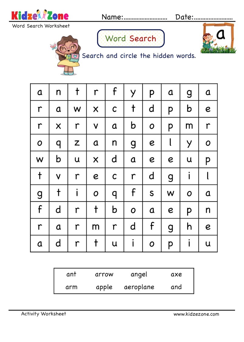 Word Search Worksheet Letter A KidzeZone