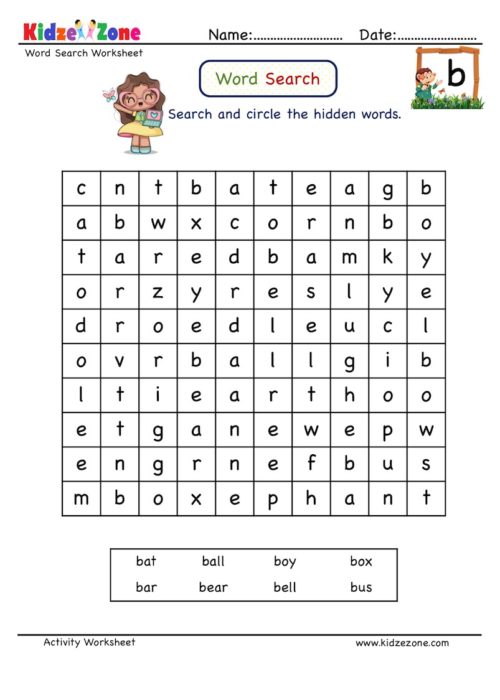 Word Search Worksheet - Letter B - KidzeZone