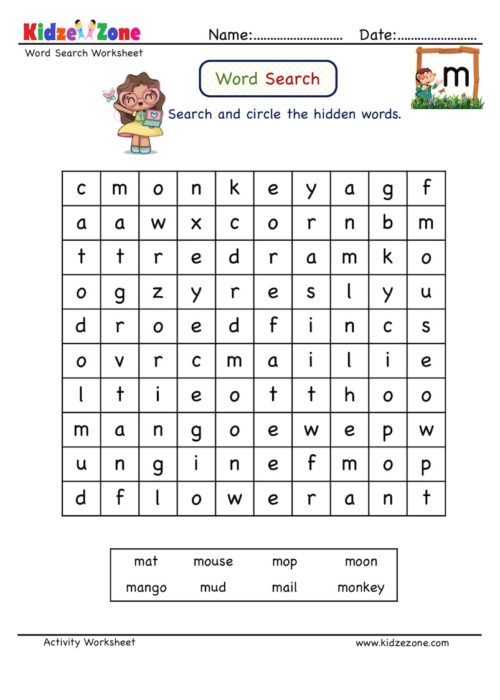 Letter M word search worksheet - KidzeZone