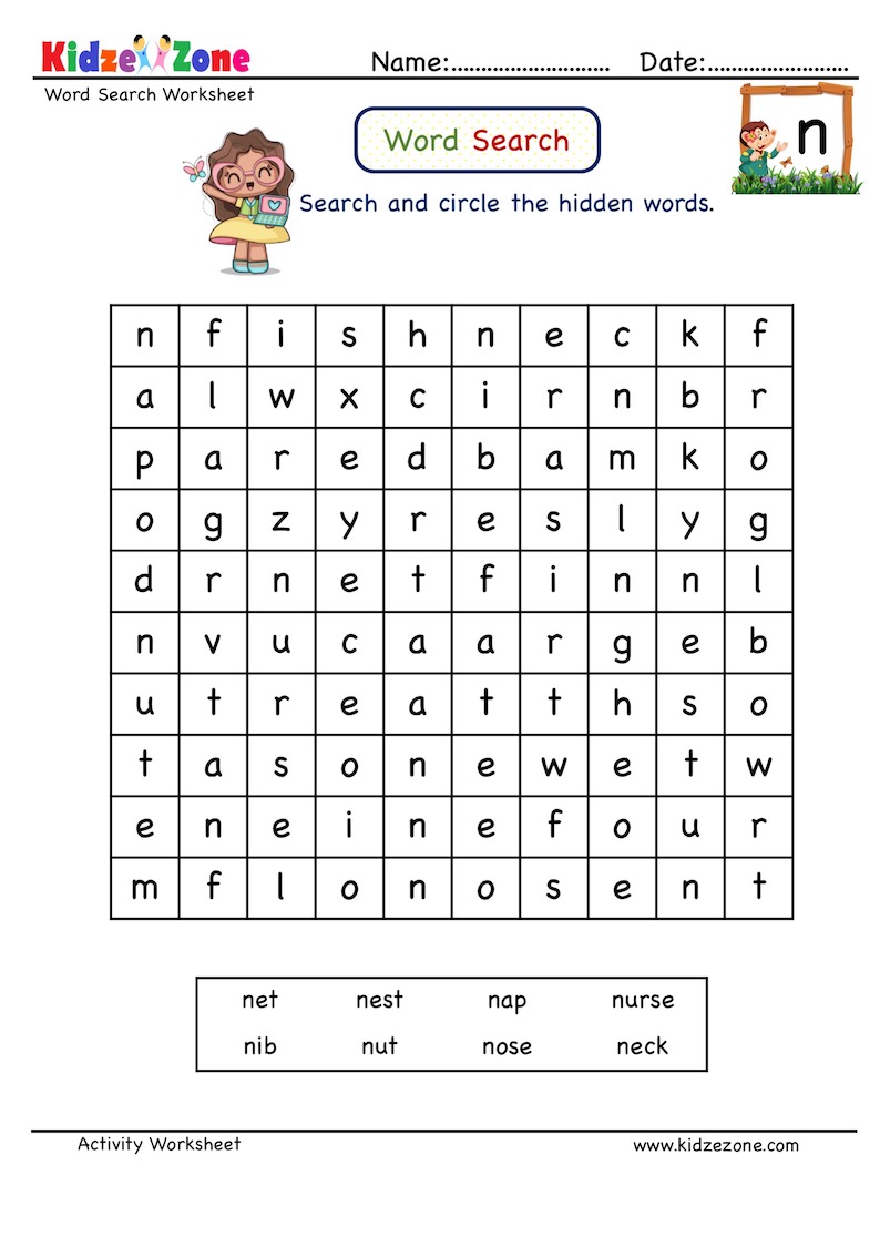 Letter N Word Search Worksheet KidzeZone