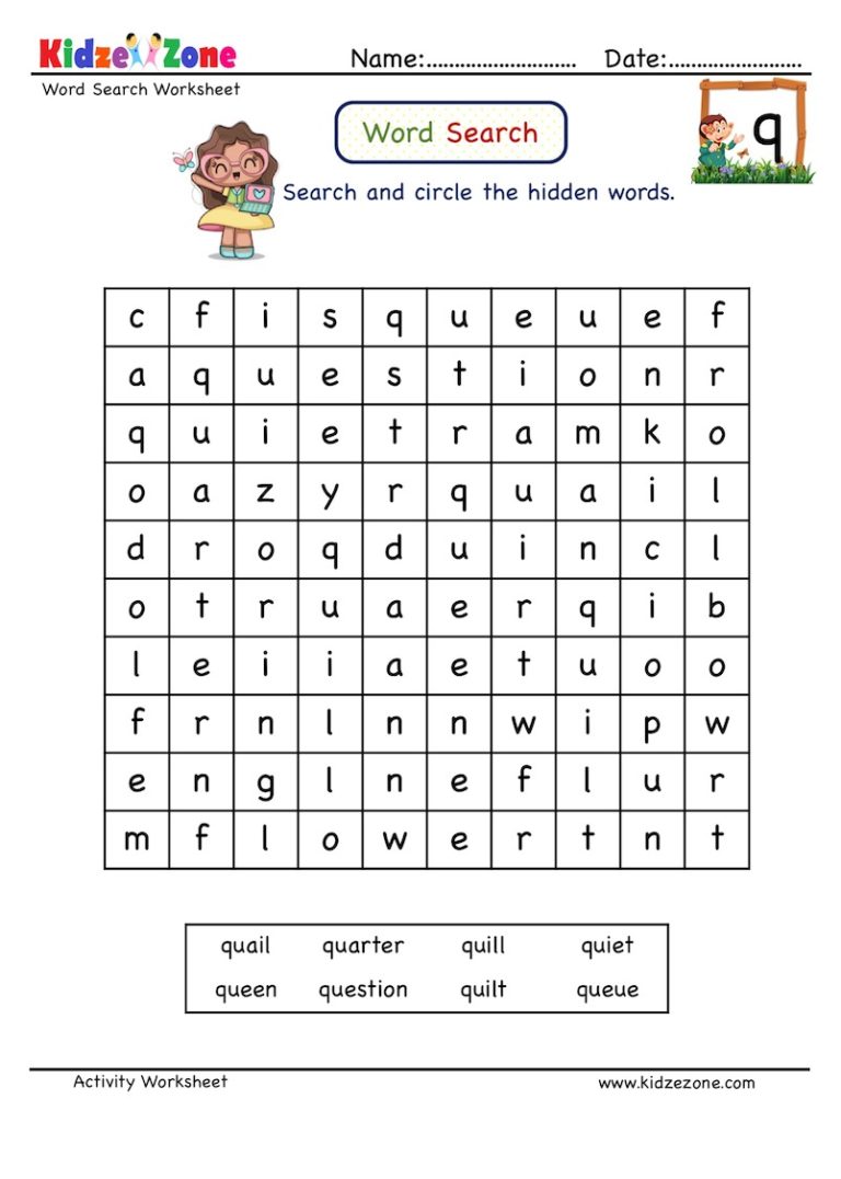 Letter Q word search worksheet - KidzeZone