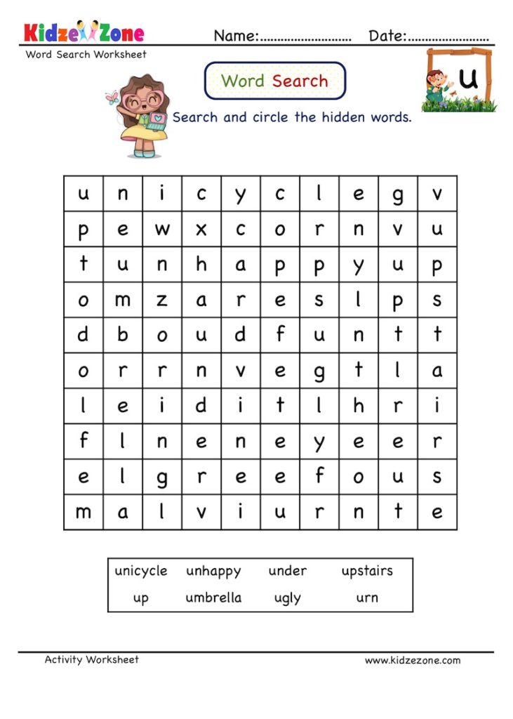 Letter U words puzzle worksheet - KidzeZone