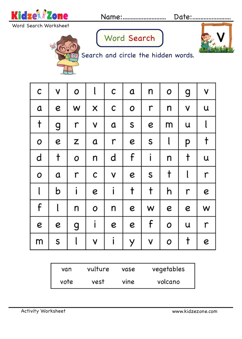 Word Search Worksheet Letter V Words KidzeZone