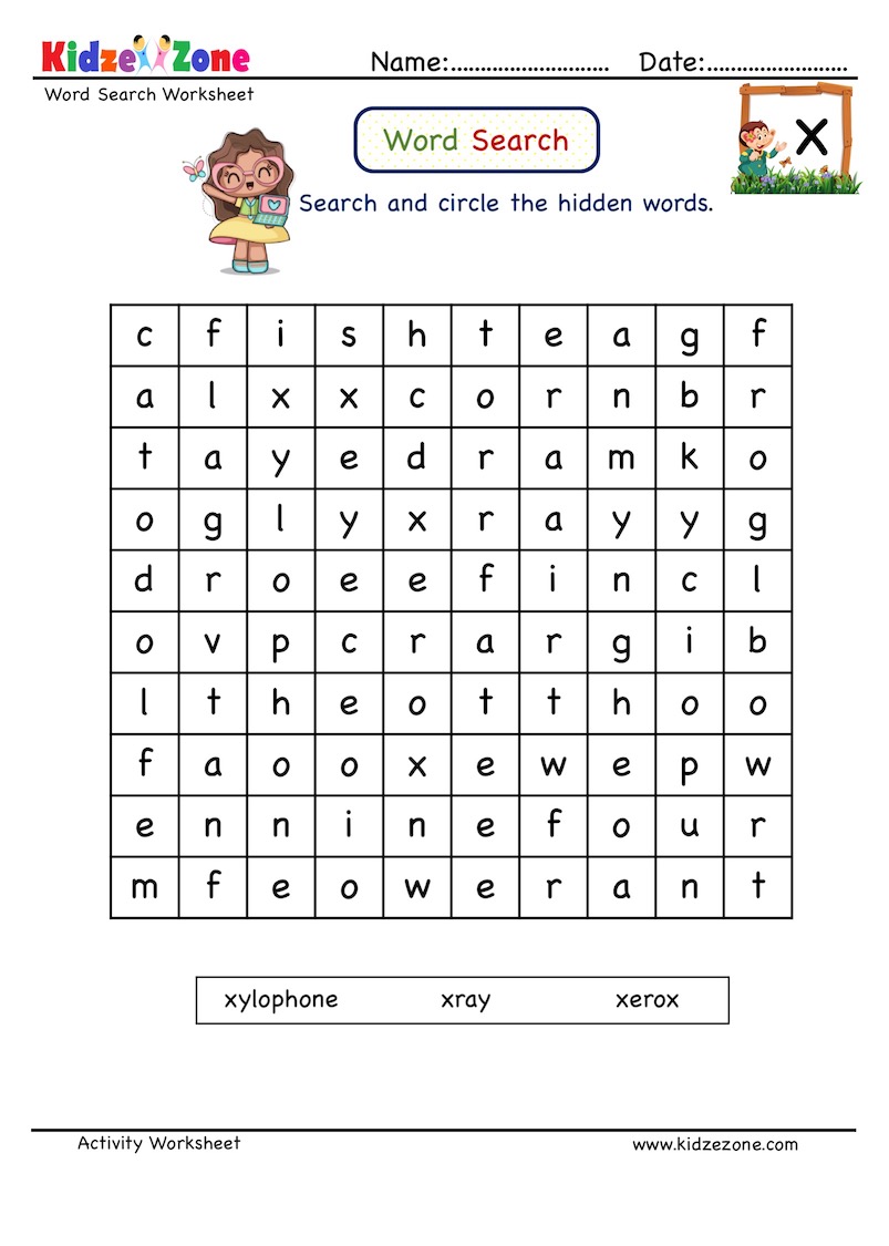 Word Search Worksheet Letter X Words KidzeZone